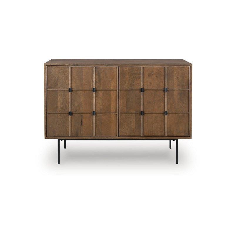 Açık Kahverengi ve Siyah Masif Mango Ahşap Oyma Izgara Desenli Mıknatıslı Kapaklı Kitaplık - 112x82x41 cm - 313441