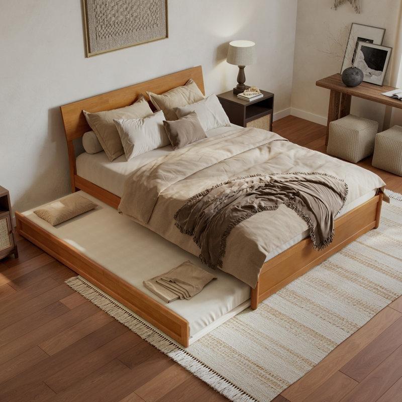 Açık Karamel Masif Ahşap Ayarlanabilir Başlıklı Yavru Yataklı Karyola - 329475