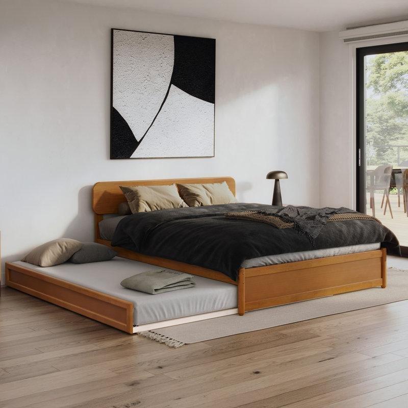 Açık Karamel Masif Kauçuk Ağacı Ayarlanabilir Başlıklı Yavru Yataklı Karyola - 170x211 cm - 329181