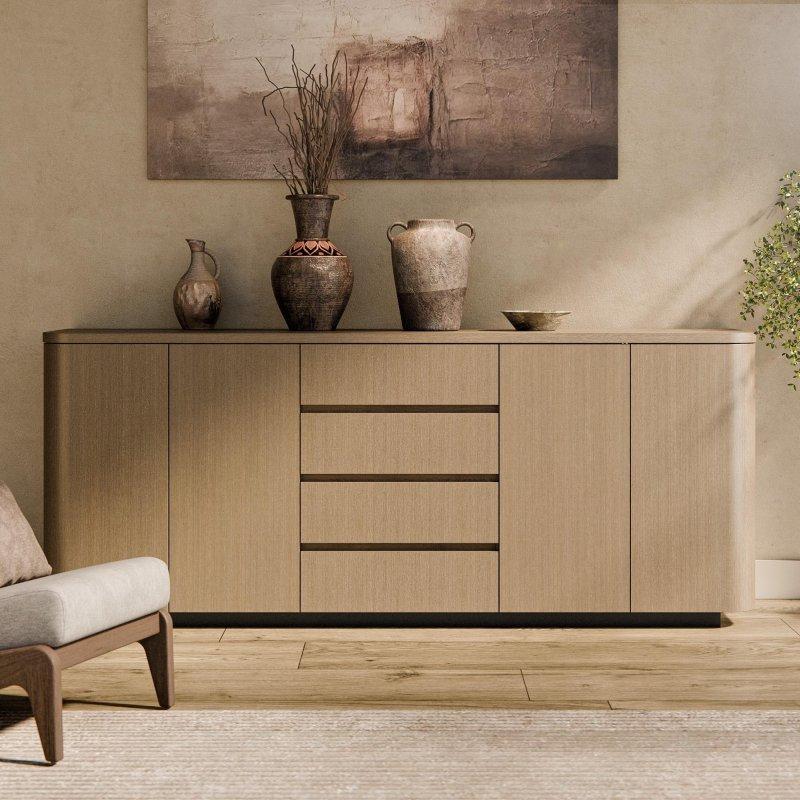 Açık Meşe 4 Çekmeceli 2 Kapaklı Bas-Aç Sistemli Masif Ahşap Şifonyer - 220x90x50 cm - 298596