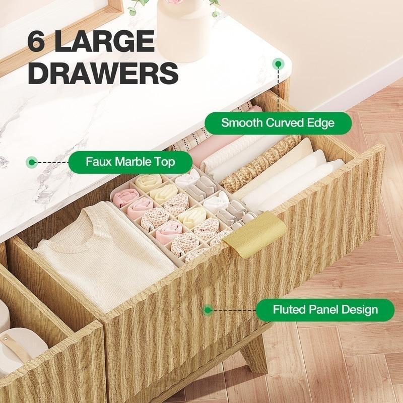 Açık Meşe Mermer Tablalı Yivli 6 Çekmeceli Şifonyer - 120 cm - 306240