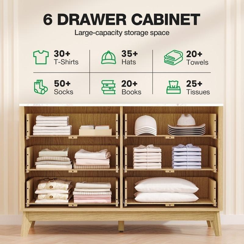 Açık Meşe Mermer Tablalı Yivli 6 Çekmeceli Şifonyer - 120 cm - 306240