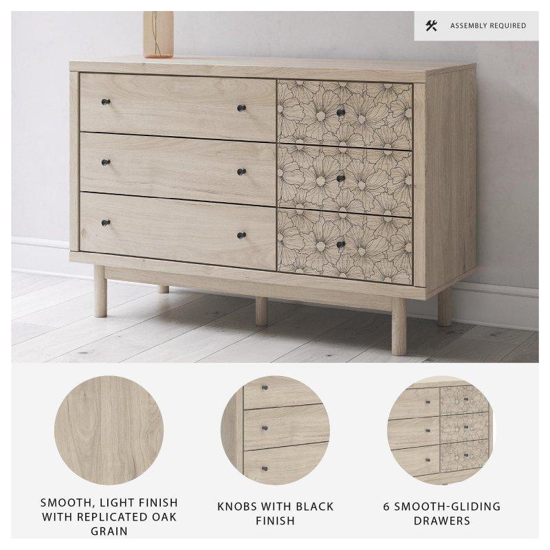 Açık Meşe Rengi Çiçek Desenli 6 Çekmeceli MDF Şifonyer - 129x88x50 cm - 300766