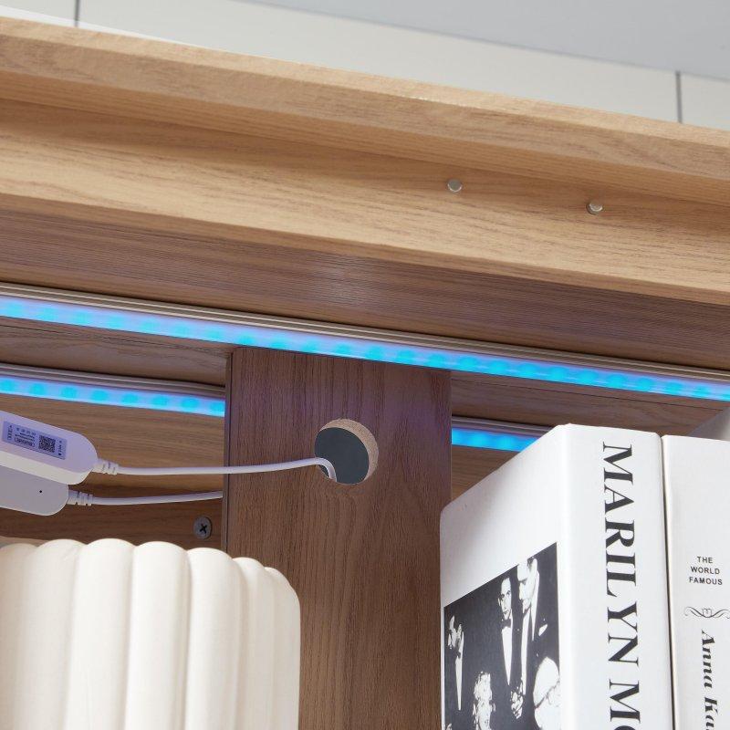 Açık Meşe Rengi LED Aydınlatmalı Aynalı Cam Kapaklı Kitaplık - 66x30x112 cm - 317442