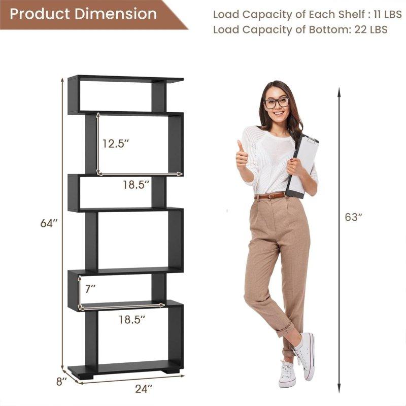 Ahşap 6 Raflı S Şekilli Geometrik Kitaplık - 163 cm - 312322