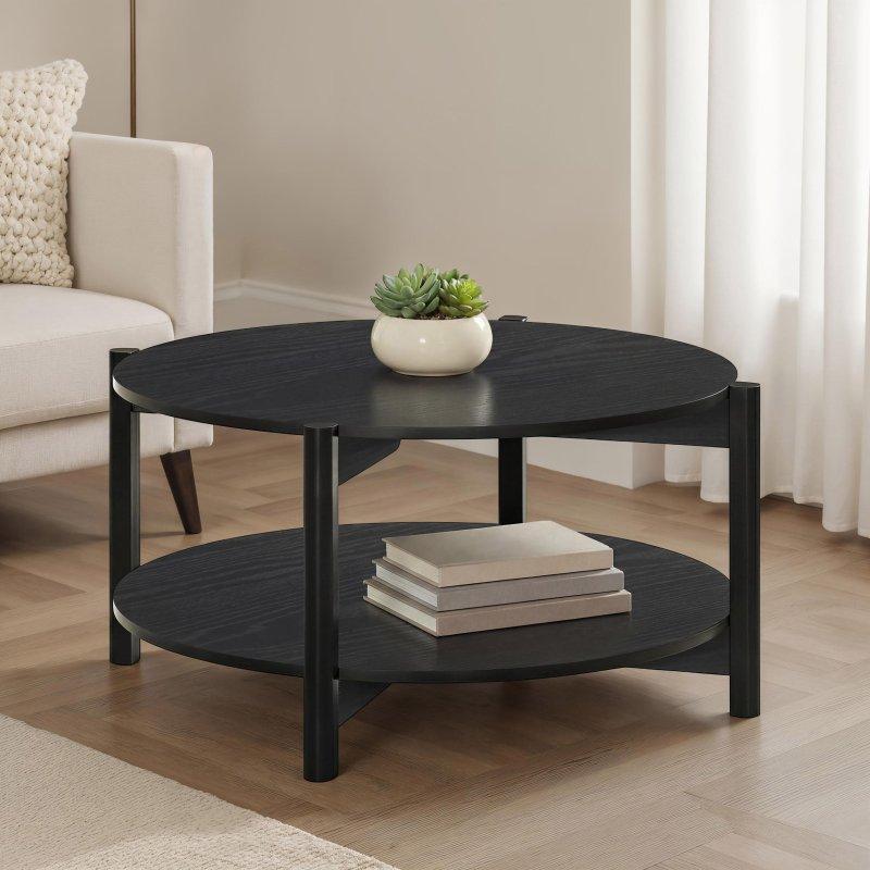 Ahşap Alt Raflı Yuvarlak Orta Sehpa - 88 cm - 242894