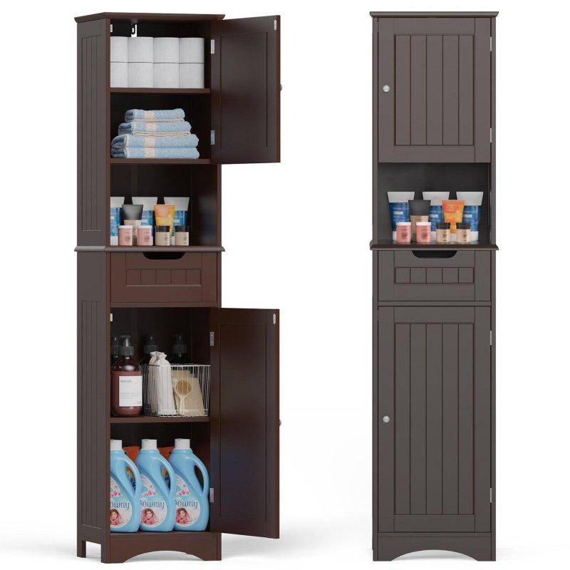 Ahşap Çekmeceli ve 5 Raflı Dar Çok Amaçlı Banyo Dolabı - 171x41x30 cm - 334186