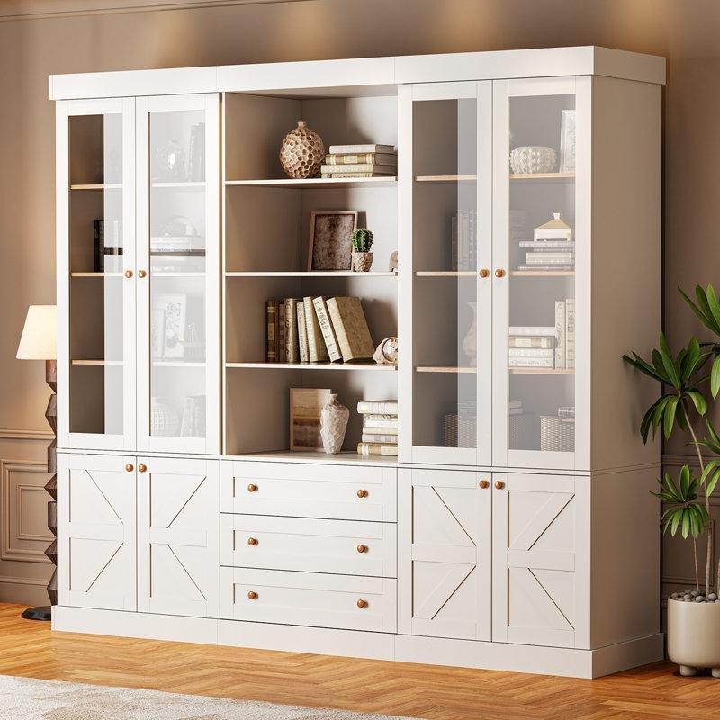 Ahşap Çekmeceli ve Ayarlanabilir Raflı Kır Evi Tasarım Cam Kapaklı Kitaplık - 241 cm - 238454