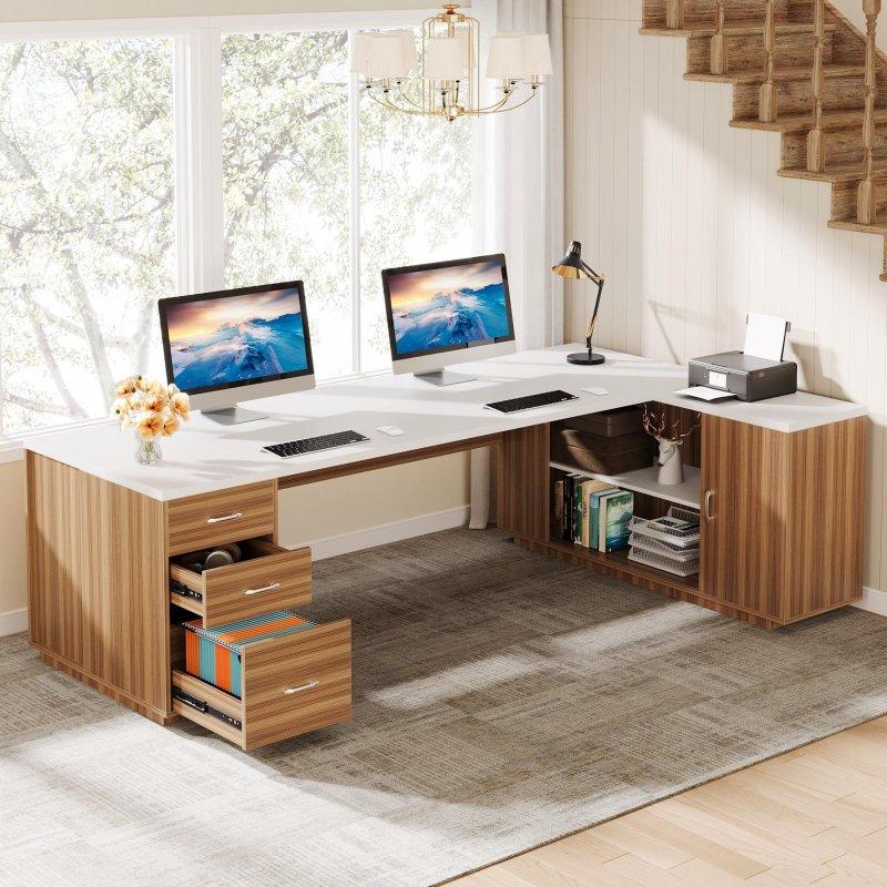 Ahşap Çekmeceli ve Dolaplı L Tipi Yönetici Ofis Masası - 219 cm - 328078