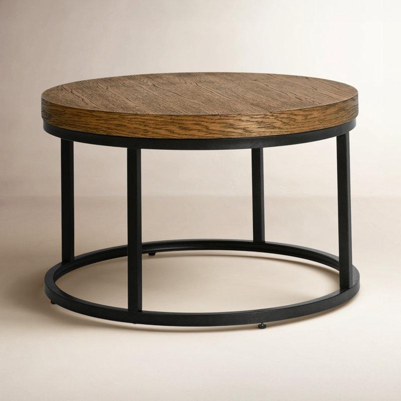 Ahşap Desenli Laminat Tabla Siyah Demir Ayaklı Yuvarlak Orta Sehpa - 77 cm - 244919