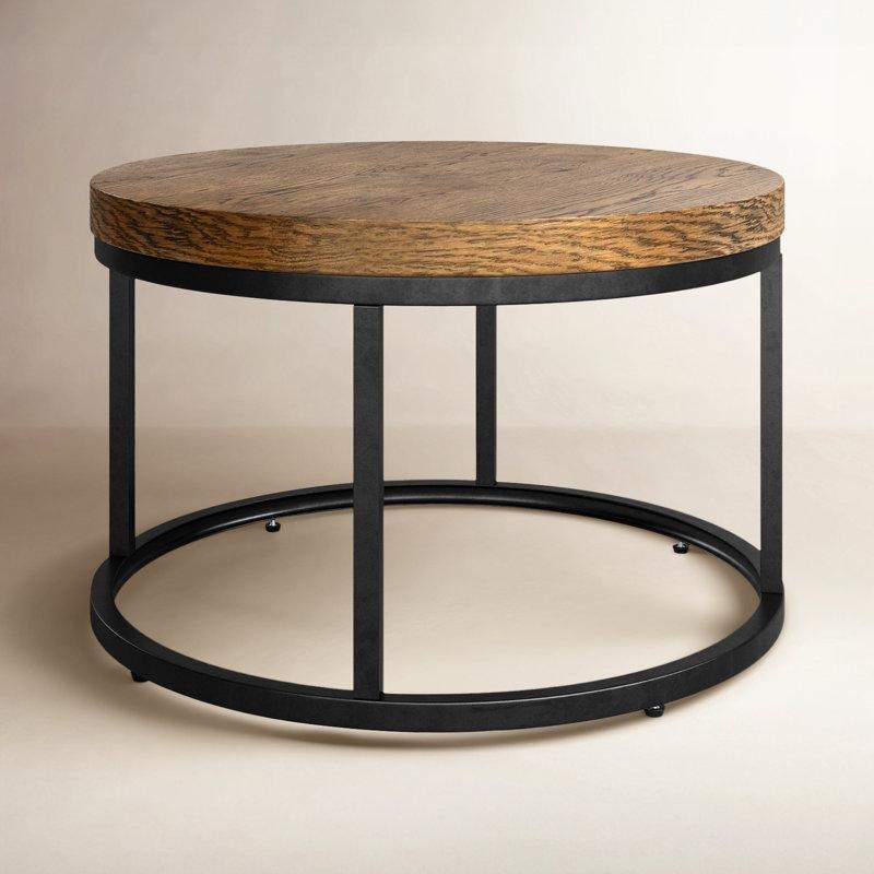 Ahşap Desenli Laminat Tabla Siyah Demir Ayaklı Yuvarlak Orta Sehpa - 77 cm - 244919