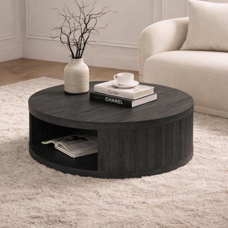 Ahşap Desenli MDF Dahili Depolamalı Yuvarlak Orta Sehpa - 92 cm - 243383