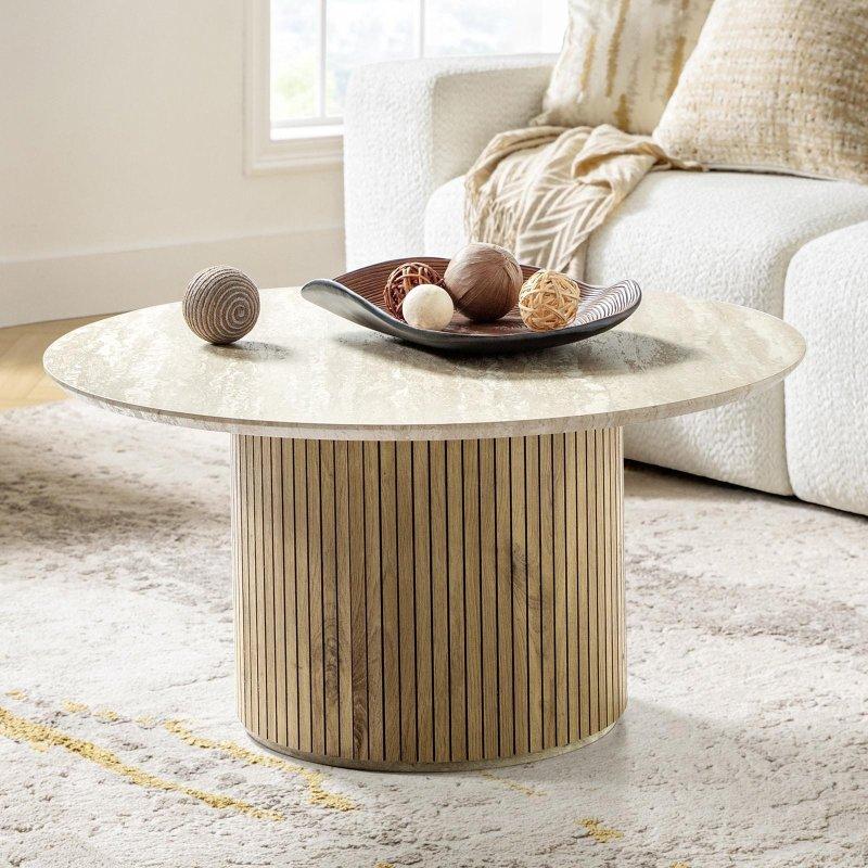 Ahşap Desenli MDF Dikey Çıtalı Kaideli Yuvarlak Orta Sehpa - 81x41 cm - 243024