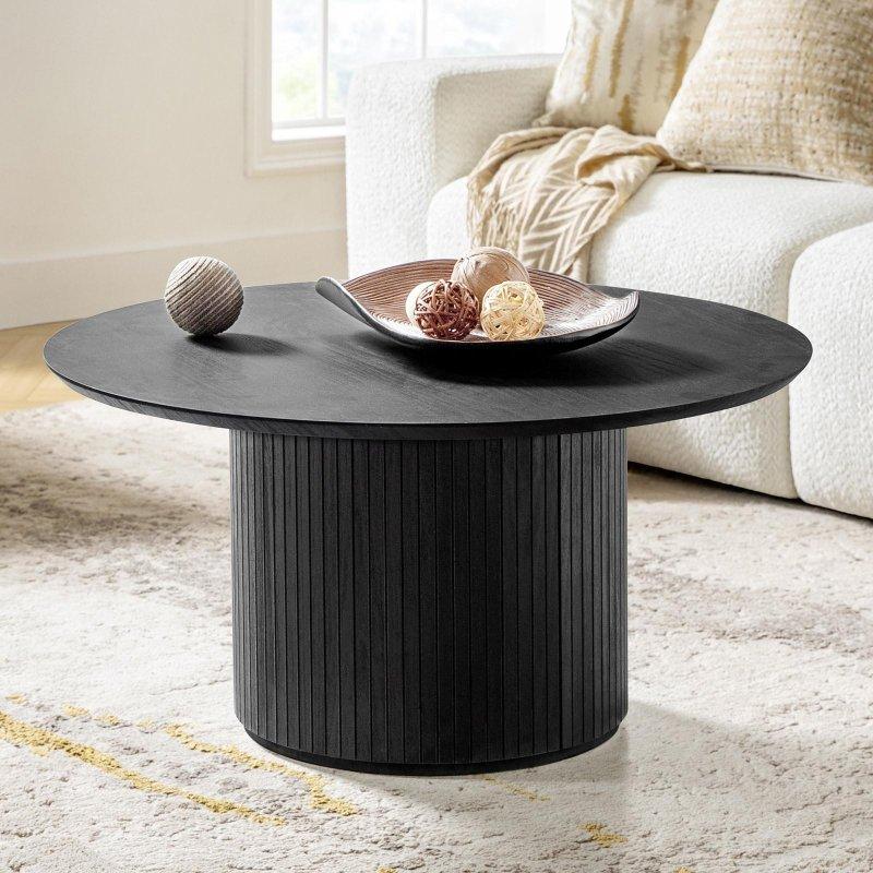 Ahşap Desenli MDF Dikey Çıtalı Kaideli Yuvarlak Orta Sehpa - 81x41 cm - 243024