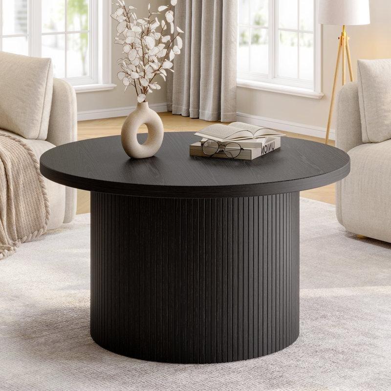 Ahşap Desenli MDF ve Masif Ahşap Yivli Gövdeli Yuvarlak Orta Sehpa - 81x44 cm - 245903
