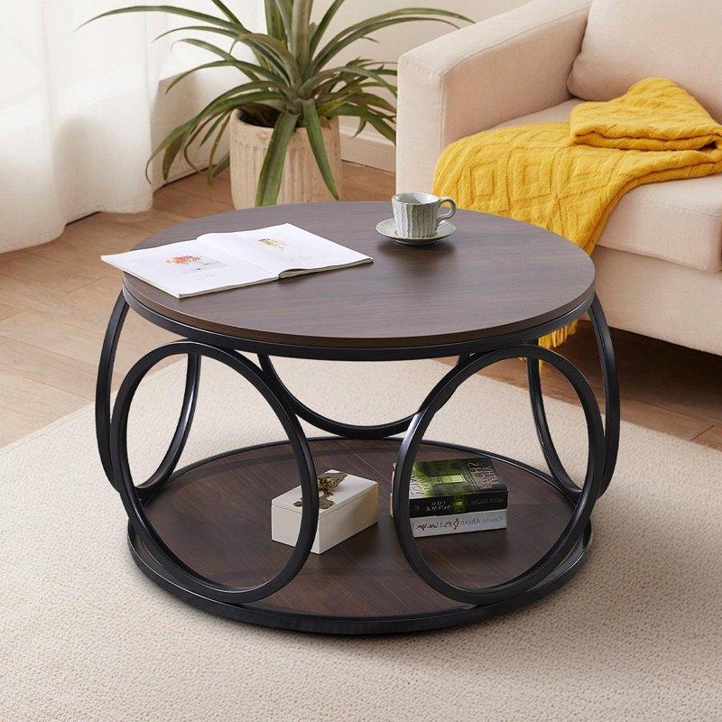 Ahşap Desenli MDF ve Siyah Metal İki Katlı Yuvarlak Orta Sehpa - 81x48 cm - 242710