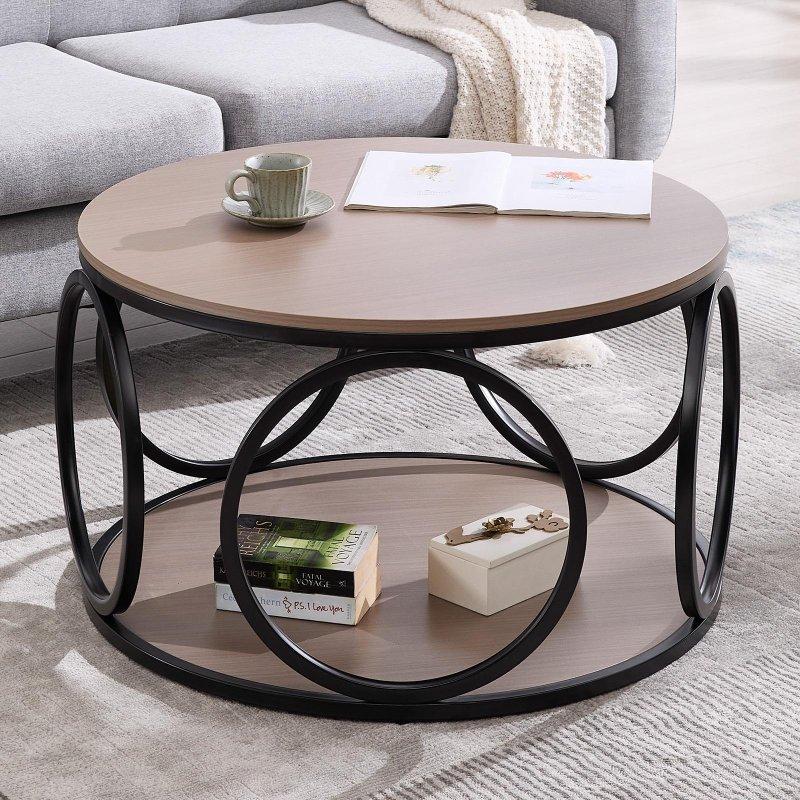 Ahşap Desenli MDF ve Siyah Metal İki Katlı Yuvarlak Orta Sehpa - 81x48 cm - 242710