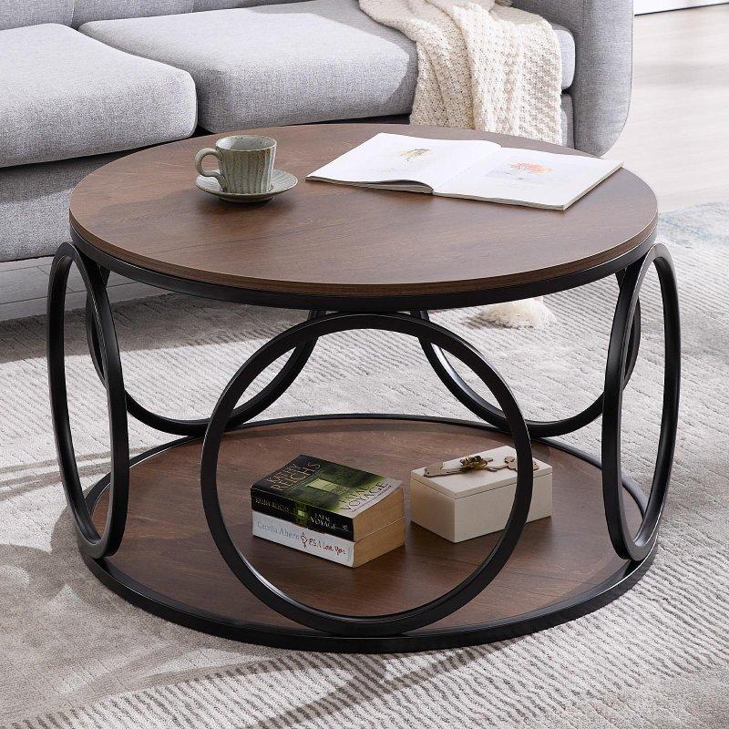 Ahşap Desenli MDF ve Siyah Metal İki Katlı Yuvarlak Orta Sehpa - 81x48 cm - 242710