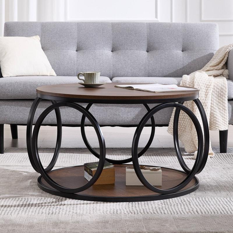 Ahşap Desenli Metal İki Raflı Yuvarlak Orta Sehpa - 80 cm - 245239