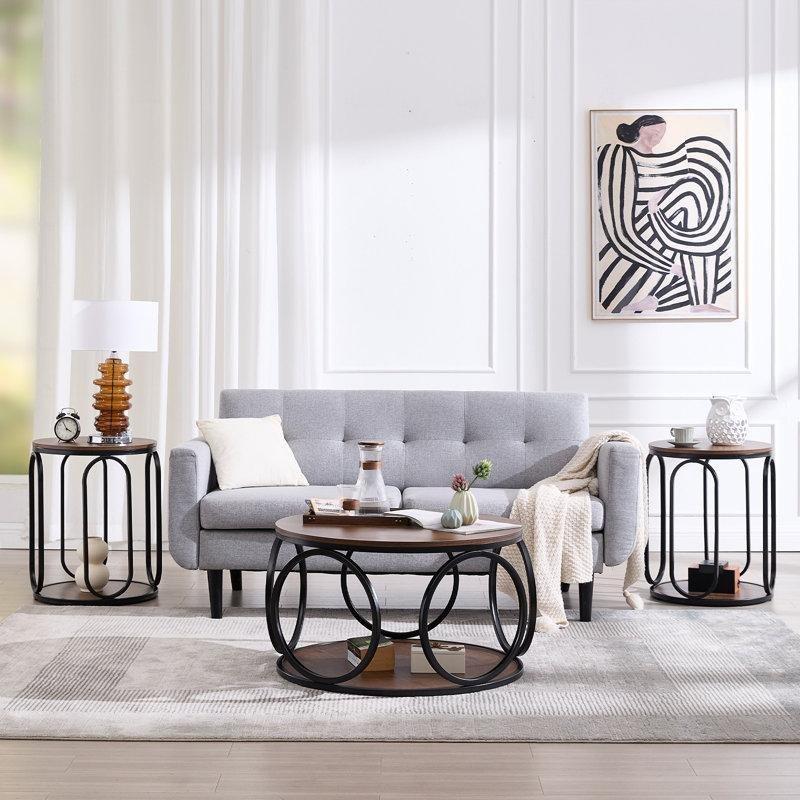 Ahşap Desenli Metal İki Raflı Yuvarlak Orta Sehpa - 80 cm - 245239