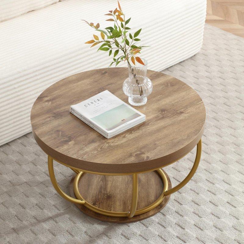Ahşap Desenli Metal ve MDF 2 Katlı Raflı Yuvarlak Orta Sehpa - 79 cm - 239974