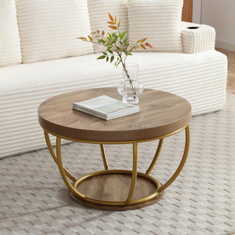 Ahşap Desenli Metal ve MDF 2 Katlı Raflı Yuvarlak Orta Sehpa - 79 cm - 239974