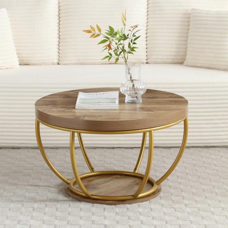 Ahşap Desenli Metal ve MDF 2 Katlı Raflı Yuvarlak Orta Sehpa - 79 cm - 239974