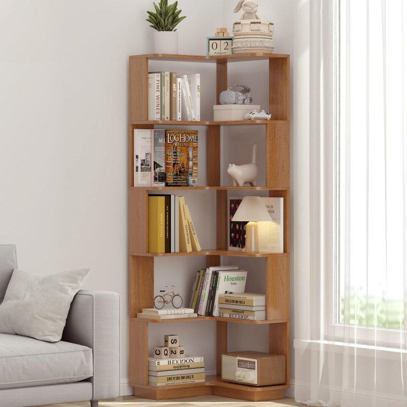 Ahşap Dokulu MDF 6 Raflı Devrilme Önleyici Köşe Kitaplık - 55x55x165 cm - 312682