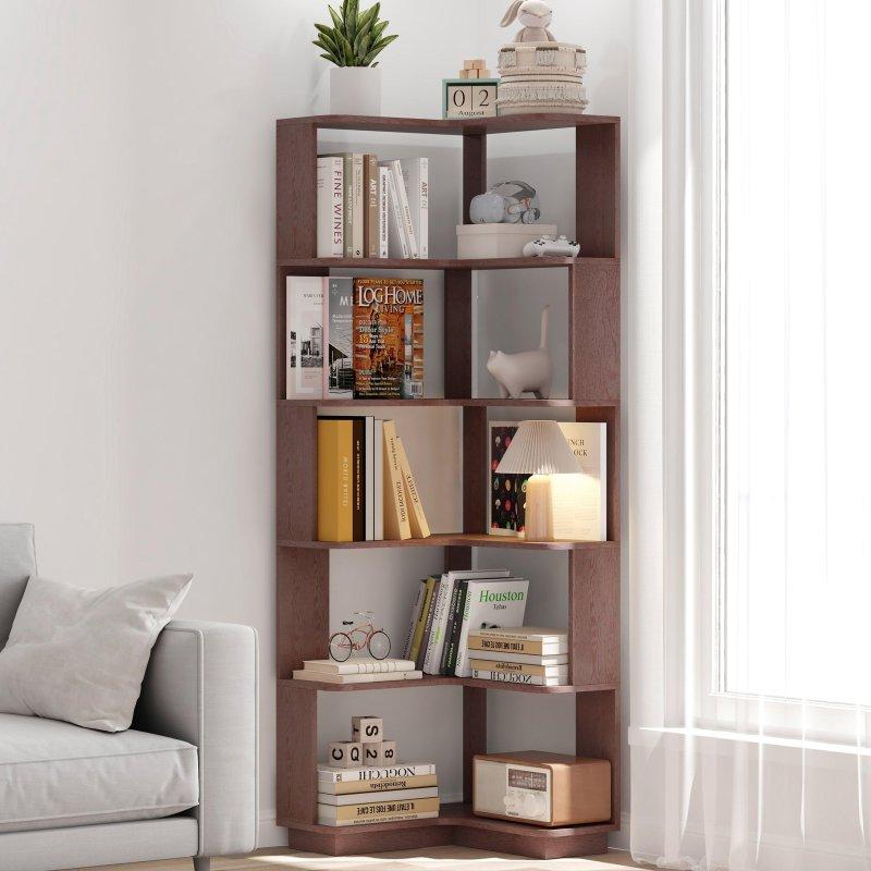 Ahşap Dokulu MDF 6 Raflı Devrilme Önleyici Köşe Kitaplık - 55x55x165 cm - 312682