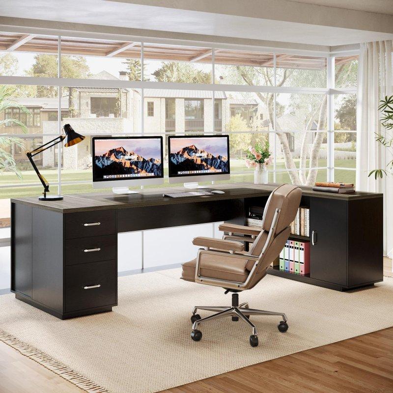 Ahşap Dolaplı ve Çekmeceli L Tipi Ofis Masası - 219 cm - 327671