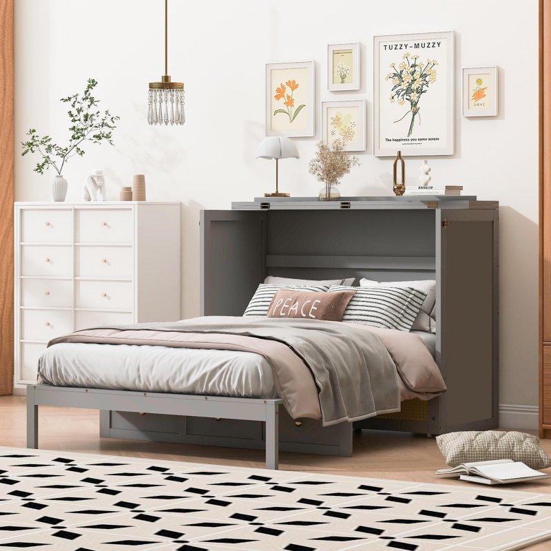 Ahşap Geniş Çekmeceli Rattan Detaylı Duvar Yatağı - 261140