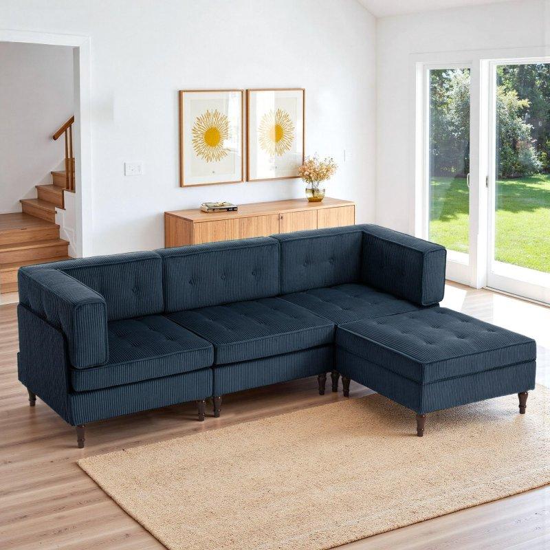 Ahşap İskeletli Modüler Puflu Fitilli Kadife Köşe Koltuk Takımı - 249x164 cm - 257509