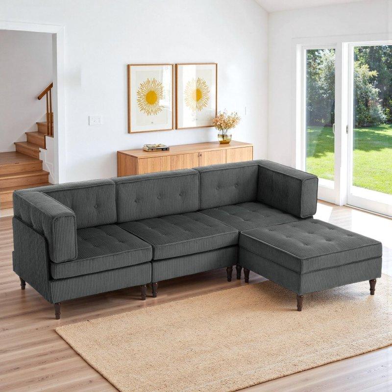 Ahşap İskeletli Modüler Puflu Fitilli Kadife Köşe Koltuk Takımı - 249x164 cm - 257509