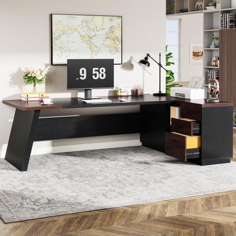 Ahşap L Tipi Çekmeceli ve Dosya Dolaplı Ofis Masası - 200 cm - 327903