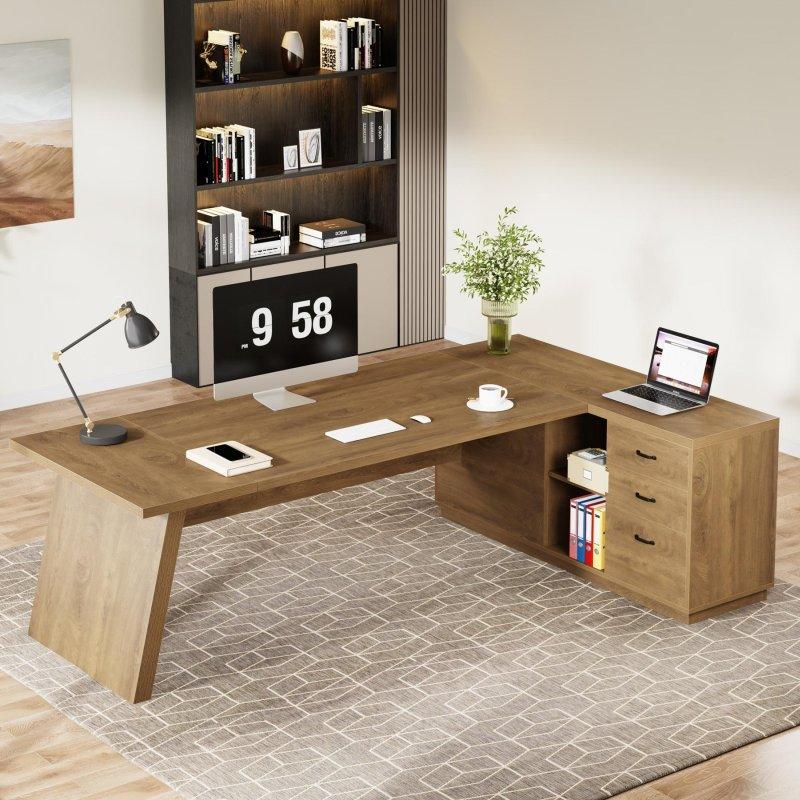 Ahşap L Tipi Dosya Dolaplı ve Çekmeceli Yönetici Ofis Masası - 200 cm - 327936