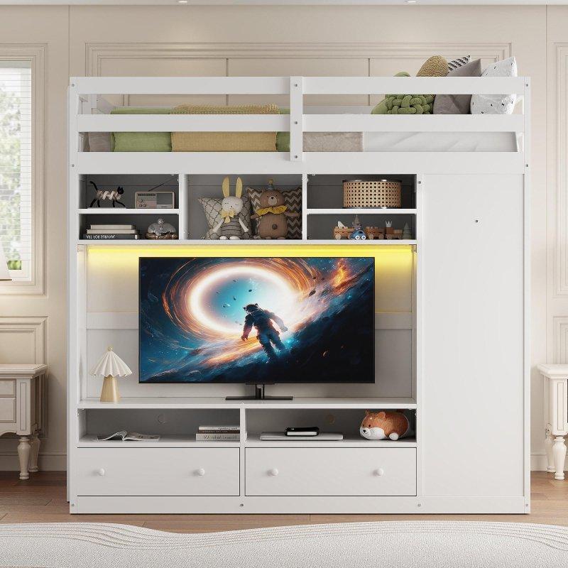 Ahşap LED Aydınlatmalı Gardıroplu ve Çekmeceli Ranza - 205x145x185 cm - 249751