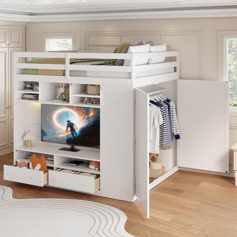 Ahşap LED Aydınlatmalı Gardıroplu ve Çekmeceli Ranza - 205x145x185 cm - 249751