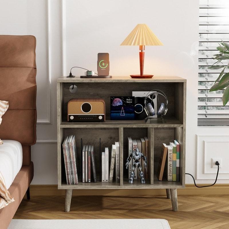 Ahşap LED Işıklı ve Şarj İstasyonlu Plaklık ve Kitaplık - 316874