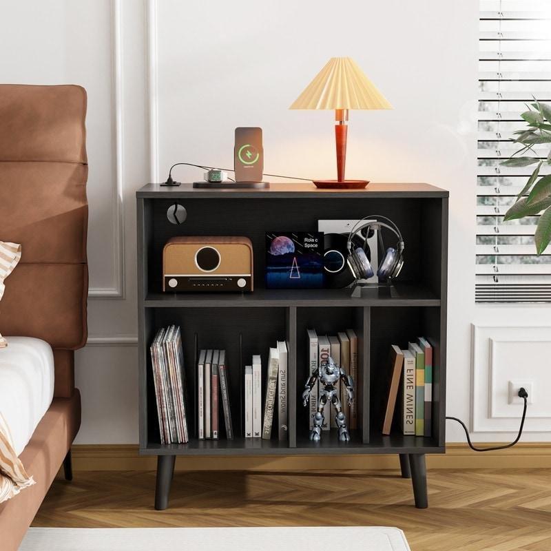 Ahşap LED Işıklı ve Şarj İstasyonlu Plaklık ve Kitaplık - 316874