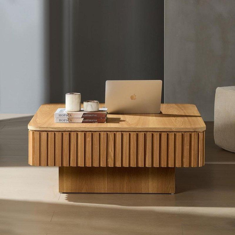 Ahşap MDF ve Masif Ahşap Asansörlü Kare Akıllı Sehpa - 90 cm - 254076