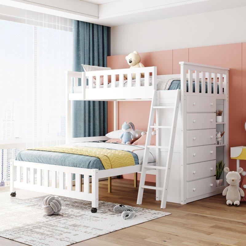 Ahşap Merdivenli 6 Çekmeceli ve Tekerlekli Alt Yataklı Ranza - 250538
