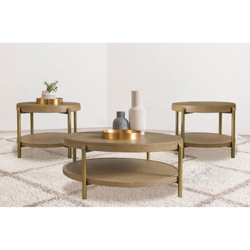 Ahşap Rattan Raflı Gold Metal Ayaklı Yuvarlak Orta ve Yan Sehpa Seti - 104 cm - 241631