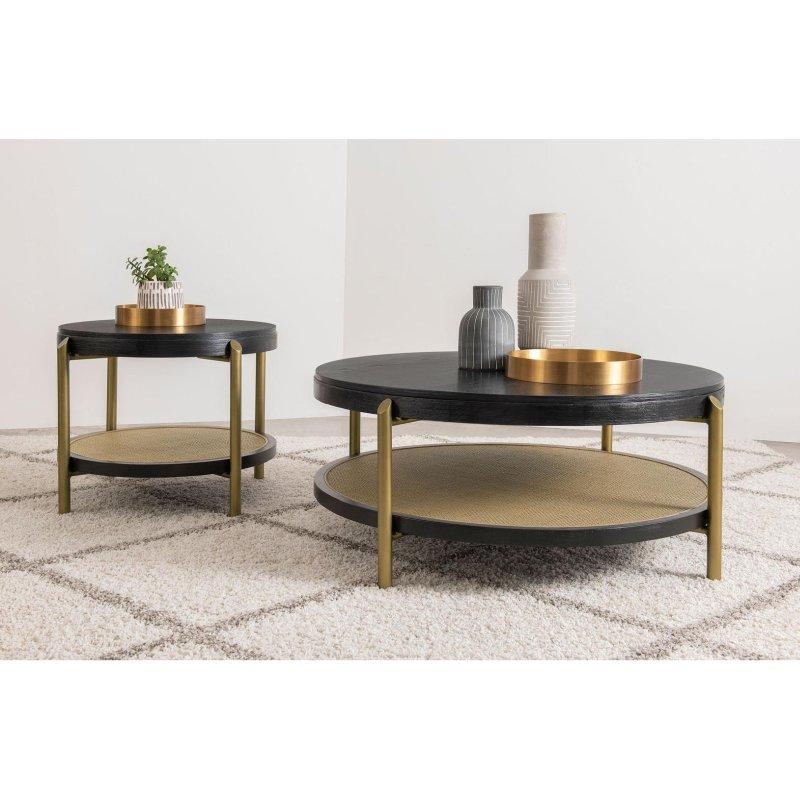 Ahşap Rattan Raflı Gold Metal Ayaklı Yuvarlak Orta ve Yan Sehpa Seti - 104 cm - 241631