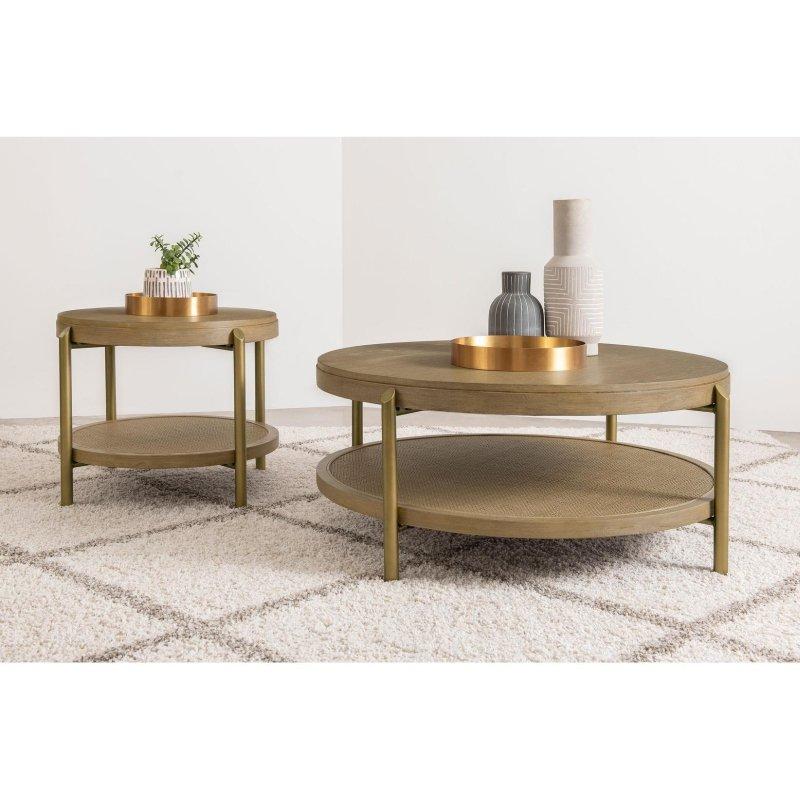 Ahşap Rattan Raflı Gold Metal Ayaklı Yuvarlak Orta ve Yan Sehpa Seti - 104 cm - 241631
