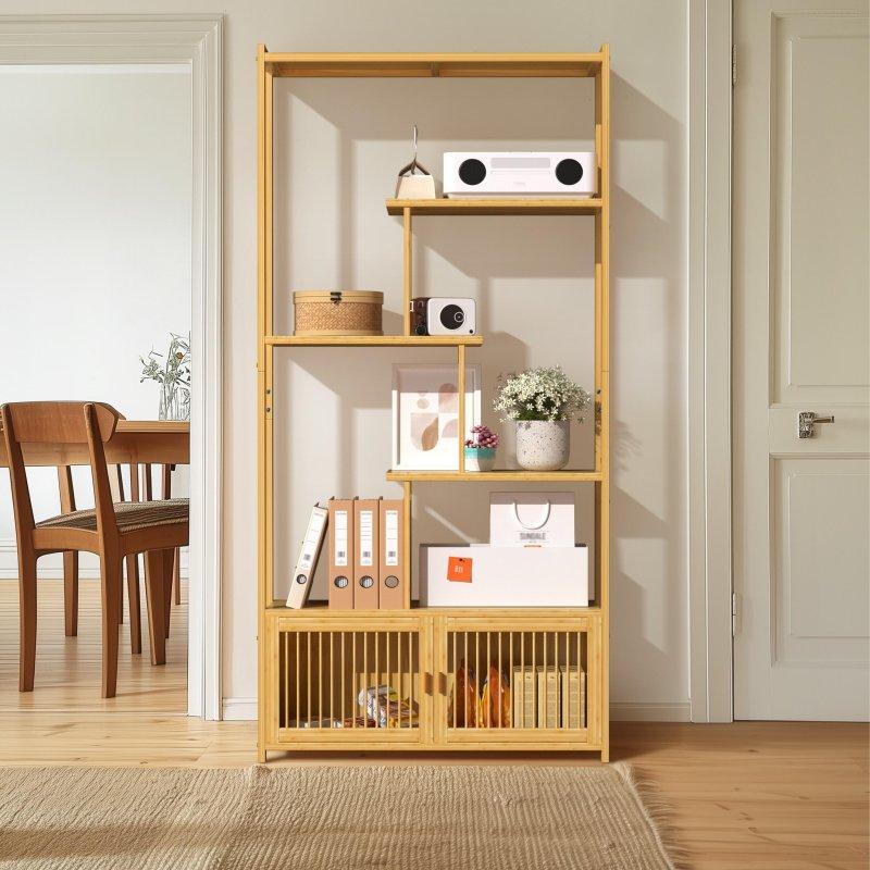 Ahşap Rengi Bambu Dolaplı 6 Raflı Asimetrik Kitaplık - 86x28x176 cm - 317603