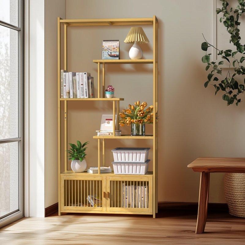 Ahşap Rengi Bambu Dolaplı 6 Raflı Asimetrik Kitaplık - 86x28x176 cm - 317603