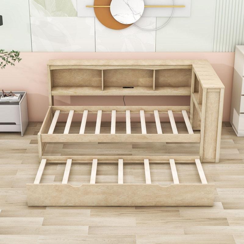 Ahşap Rengi Masif Çam ve MDF USB Portlu 5 Dolaplı Yavru Yataklı Karyola - 328579
