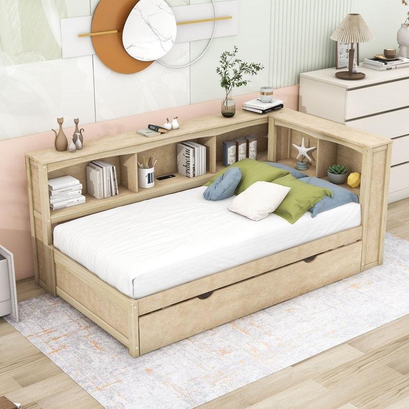 Ahşap Rengi Masif Çam ve MDF USB Portlu 5 Dolaplı Yavru Yataklı Karyola - 328579