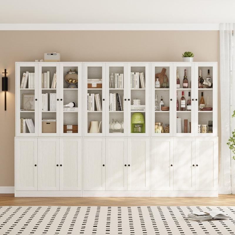 Ahşap Rengi MDF 18 Kapaklı 5 Katlı Modüler Cam Kapaklı Kitaplık - 271x181 cm - 238877