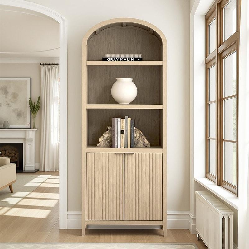Ahşap Rengi MDF Kemerli Çıtalı Kapaklı Açık Raflı Kitaplık - 77x39x194 cm - 314627